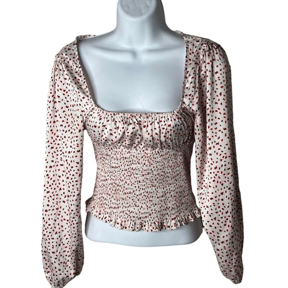 Princess Polly Size 2 Top Blouse Long Sleeves Smocked Waist Square Neck Pink Red - Picture 2 of 10